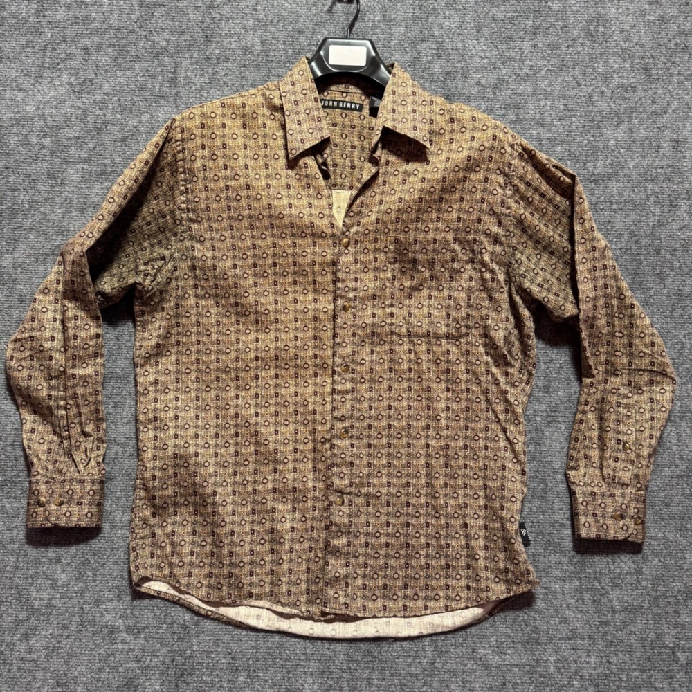 John Henry Shirt Mens Brown Geometric Medallion Button Up Medium